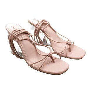 Wild Pair Womens Nude Pink Slip Square Toe Wedge Lace-up Dress Heeled Thong Sand